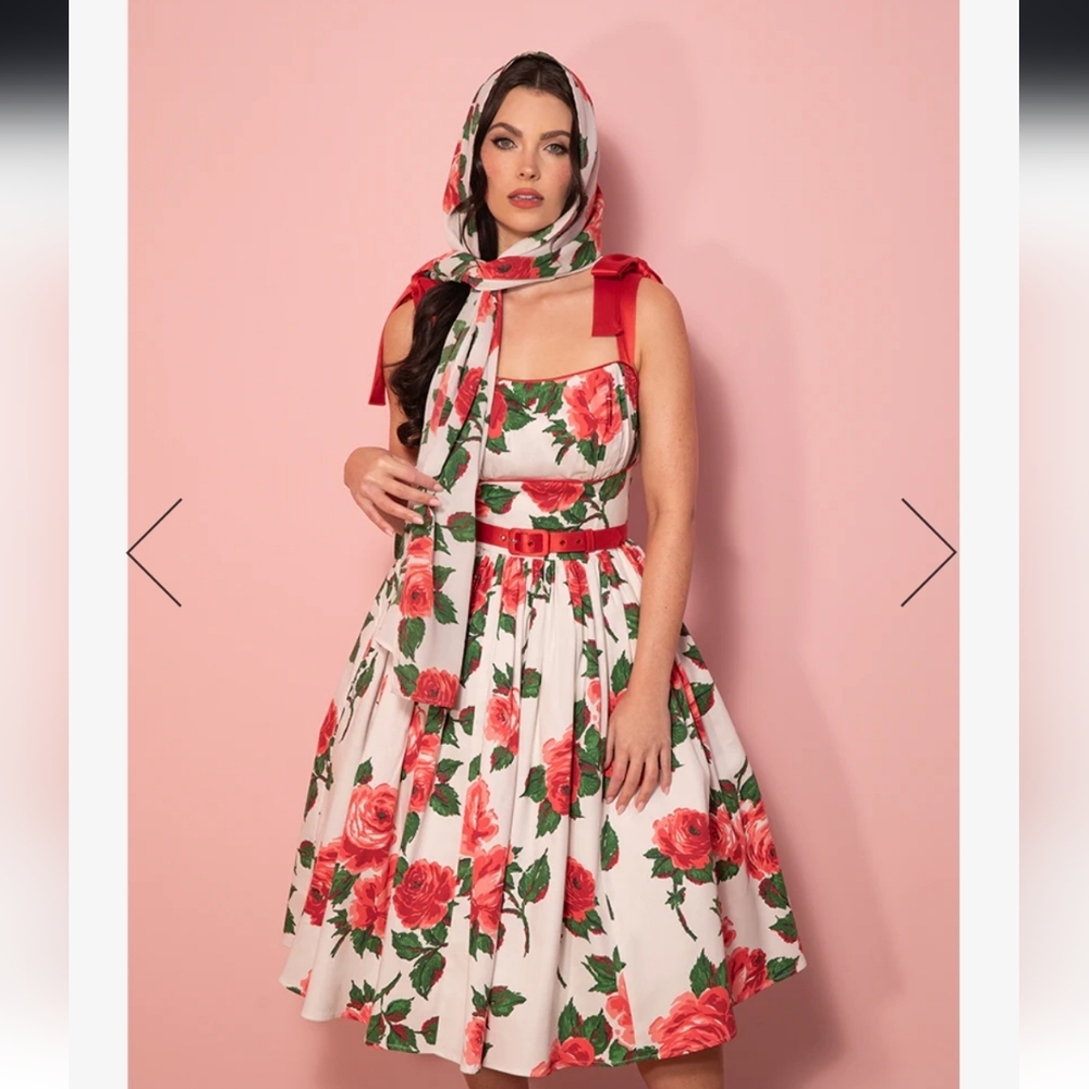 Final Price Drop NWT XL 1950s Swing Sundress and Scarf in Red Vintage Rose